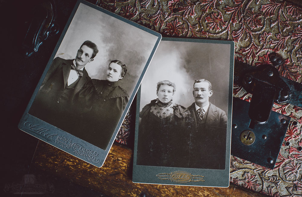 Similar Couples Portraits on Antique Cabinet Cards on Victorian Trunk