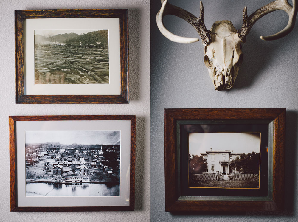 Vintage Framed Photos - Logging Scene - Water Street Eau Claire - Old Home - Deer Skull and Antlers