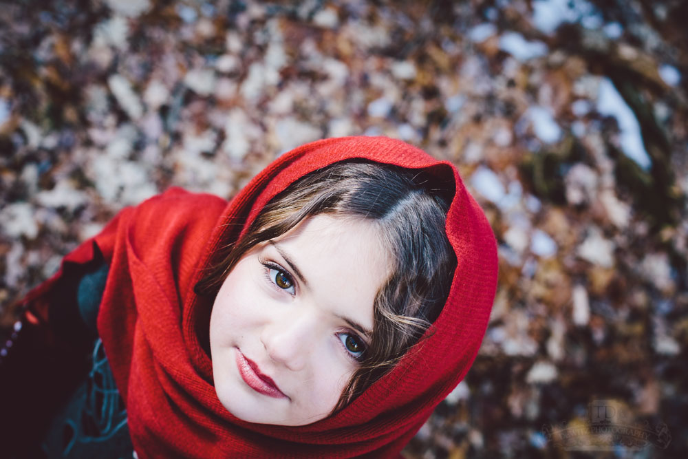 Looking Down on Child Model Caitlin with Red Scarf