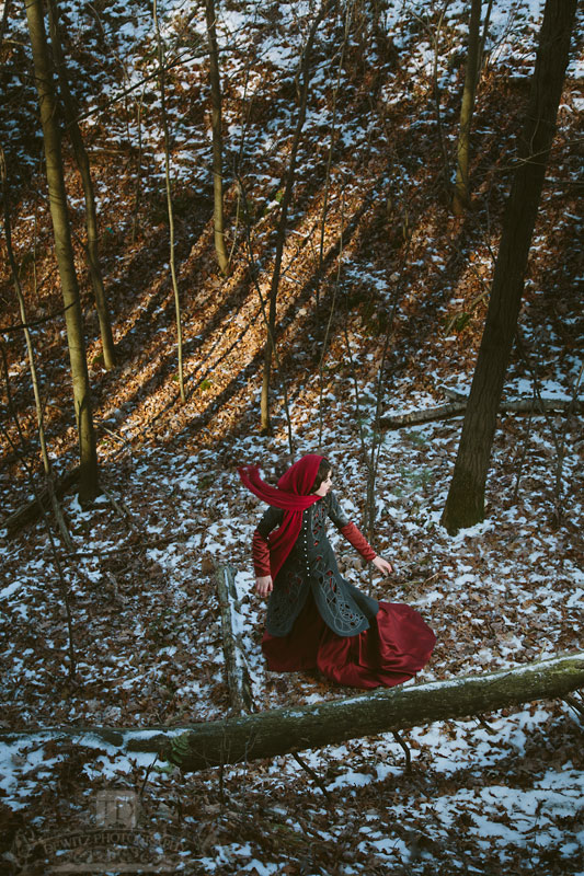 Looking down on Red Riding Hood Running from the Wolf