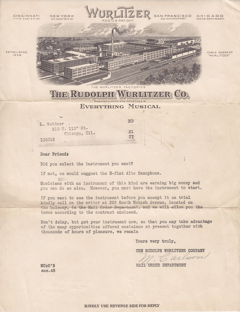 letterhead the rudolph wurlitzer co chicago il