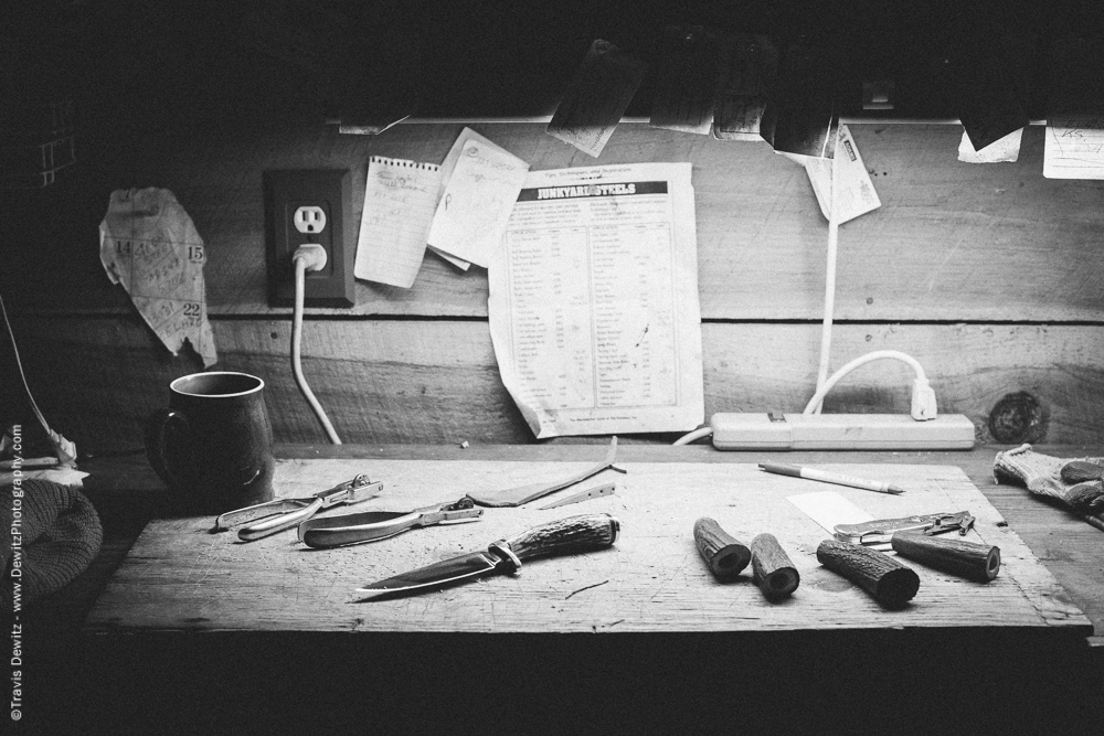 Desk Filled with Knife Handles and Leather Tools