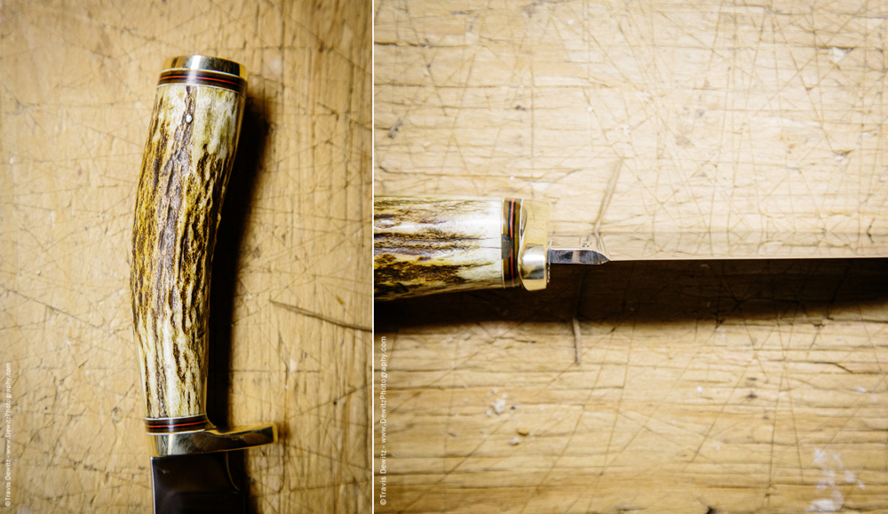 Detail Shot of Custom Knife Antler Handle and Knife Blade Edge