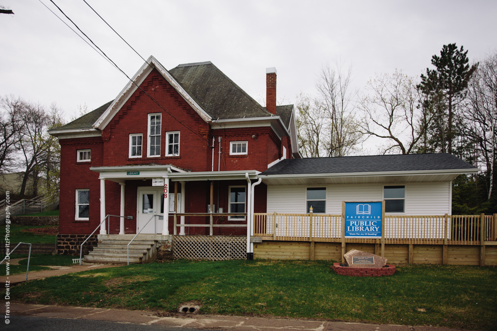 The public library has been located here since 1899 and was originally used as a part of the village hall. The building itself was built in 1896 by Gilbert Foster after the big fire in Fairchild.