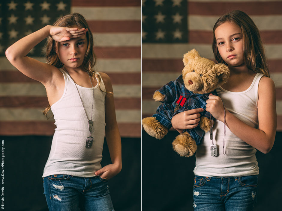 Teslyn Saluting and Holding Teddy Bear Made With Grandpas Shirt