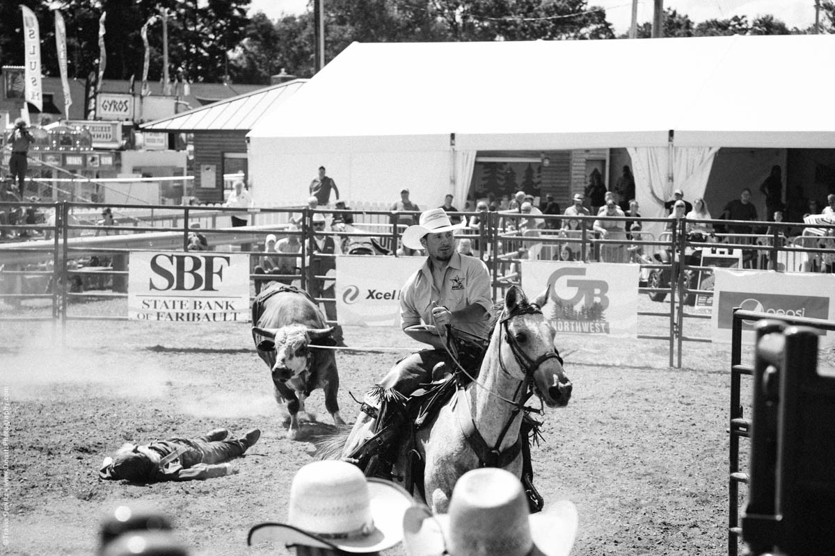 Cowboy on Horse Pulls in Roped Bull-3147